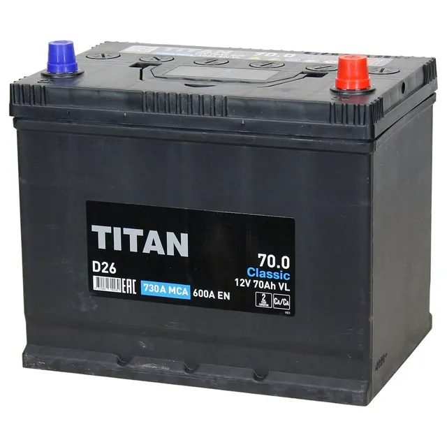 Аккумулятор TITAN Classic Asia 70 Ач 600 А (EN), обратная полярность, D26