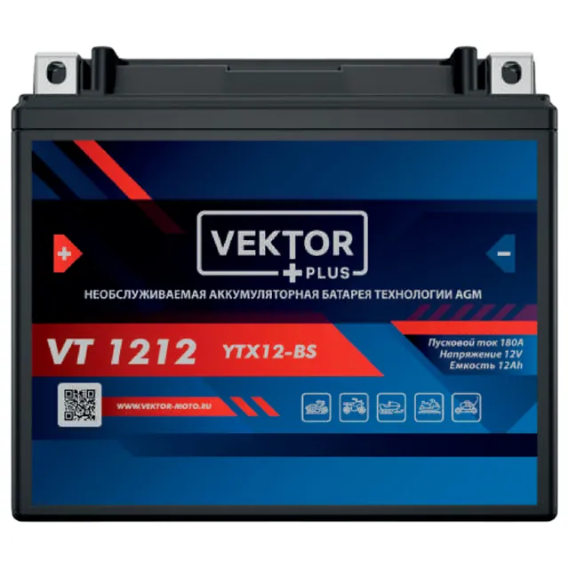 Аккумулятор VEKTOR VT 1212 12 Ач 180 А, прямая полярность, YTX12
